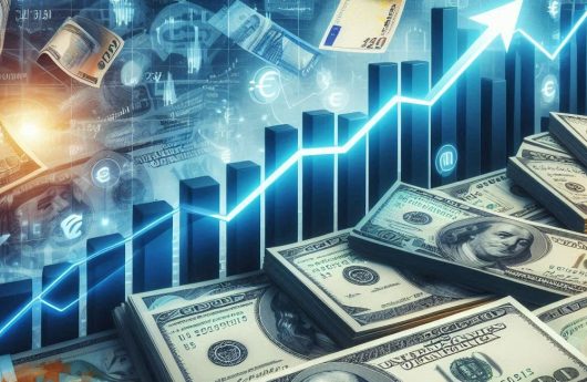 100 dollar bills and 100 euro bills in an economic environment with rising bars and arrows