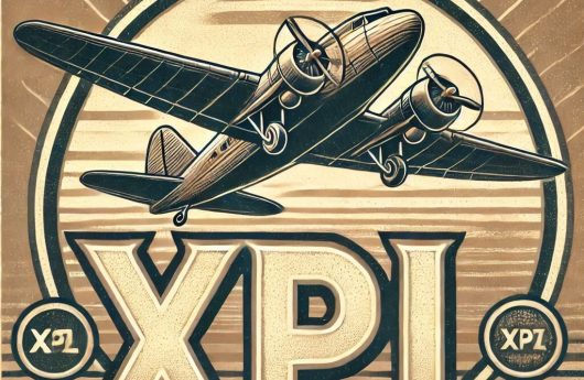 Letras XPL y un avión, estilo vintage
