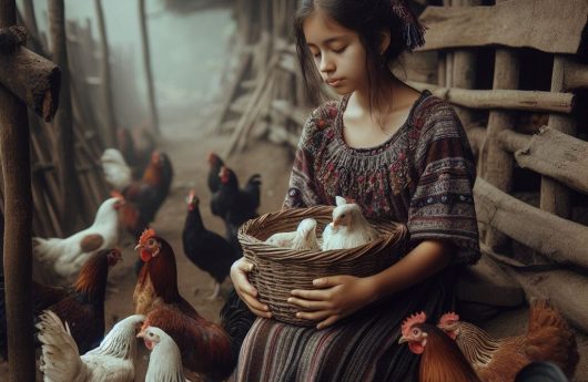 Imagen simbólica de mujer joven en granja con gallinas. Generada con IA