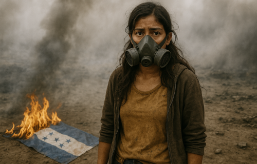 MUJER CON MASCARA ANTIGAS ASFIXIA BANDERA HONDURAS EN LLAMAS
