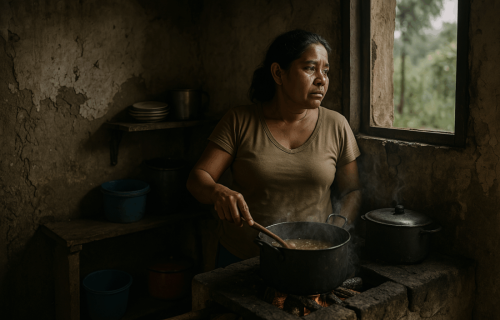MUJER POBRE EN CASA HUMILDE