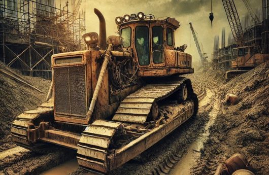 Máquina de construcción construyendo una carretera, imagen fotográfica, la obra paralizada, abandonada, con tierra, hierros, dramática