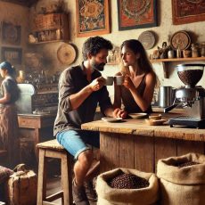 Pareja tomando café en una cafetería de Honduras, con mobiliario rústico, que se vean sacos de café y una cafetera y un barista atendiendo