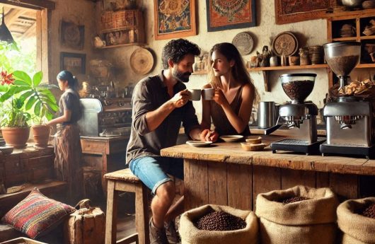 Pareja tomando café en una cafetería de Honduras, con mobiliario rústico, que se vean sacos de café y una cafetera y un barista atendiendo