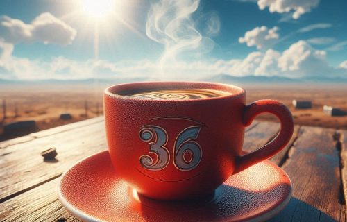 UNA ILUSTRACION HIPERREALISTA DE UNA TAZA DE CAFE ROJA CON EL NUMERO 36 GRABADO ENE LLA, HUMEANTE, SOBRE UNA MESA RUSTICA Y AL FONDO UN CIELO AZUL CON MUCHO SOL Y SENSACION DE CALOR (1)