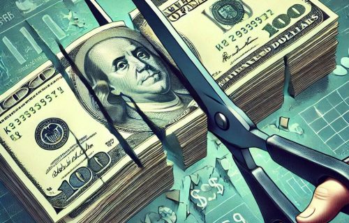 Una ilustración muy moderna en 2d de un fajo de dólares cortado por unas tijeras y se ve que una parte de los dólares se desprende Una ilustración muy moderna en 2d de un fajo de dólares cortado por unas tijeras y se ve que una parte de los dólares se desprende