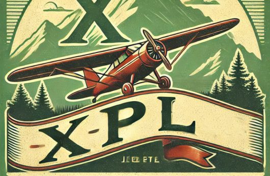 Una ilustración vintage con las letras XPL y un avión volando y fondo verde de montañas