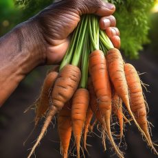 A man's hand holding a bunch of mini carrots, with the roots visible