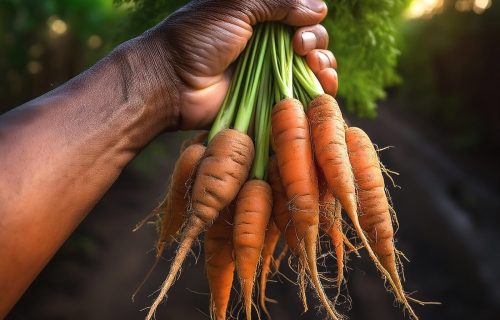 A man's hand holding a bunch of mini carrots, with the roots visible