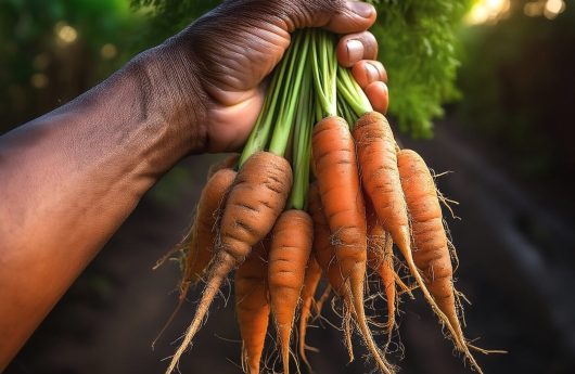 A man's hand holding a bunch of mini carrots, with the roots visible