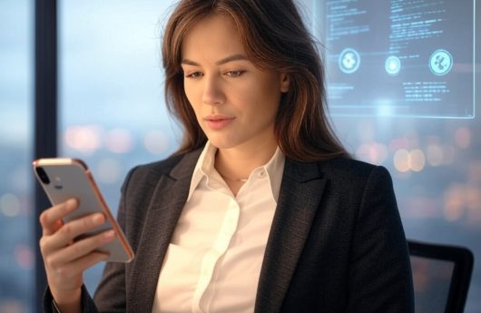 Mujer moderna con celular fintech