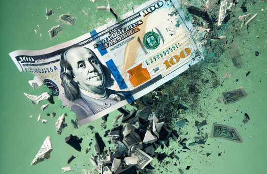 un billete de 100 dólares desintegrándose sobre fondo verde moderno