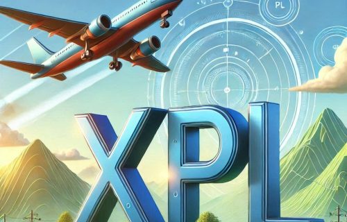 una ilustración en 2d muy moderna de las letras XPL y un avión que vuela sobre ellas despegando, con fondo de montañas verdes y día soleado