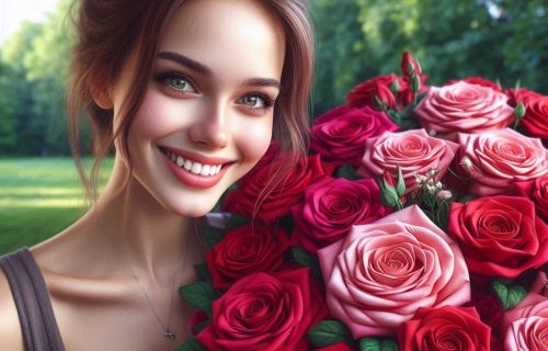 una mujer joven sonriendo con un enorme ramo de rosas rojas y rosadas, estilo hiperrealista
