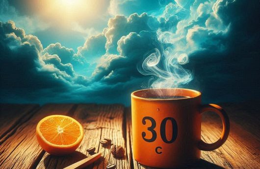 una taza de café color naranja humeante sobre una mesa rústica y un fondo de cielo muy azul y cálido, en la taza está grabado el número 30 C, con mucho sol