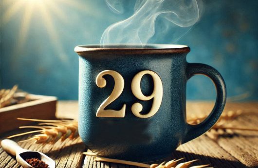 una taza de café humeante color azul con el número 29 grabado, sobre una mesa rústica y atrás un fondo azul soleado