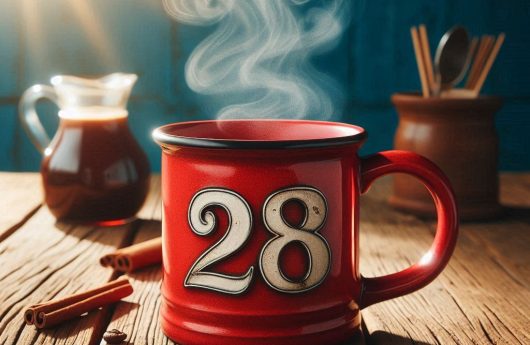 una taza de café humeante color rojo con el número 28 grabado, sobre una mesa rústica y atrás un fondo azul soleado