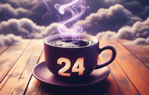 una taza de café color morado, humeante, con el número 24 grabado en ella, sobre una mesa de madera color naranja y un fondo nublado